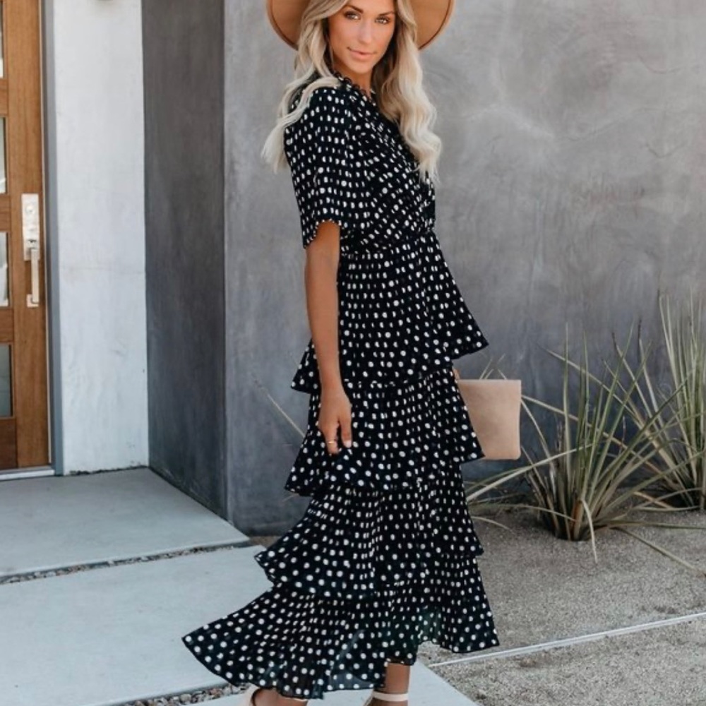 Vici Collection Dior Polka Dot Tiered MIDI Dress in Navy & White, L